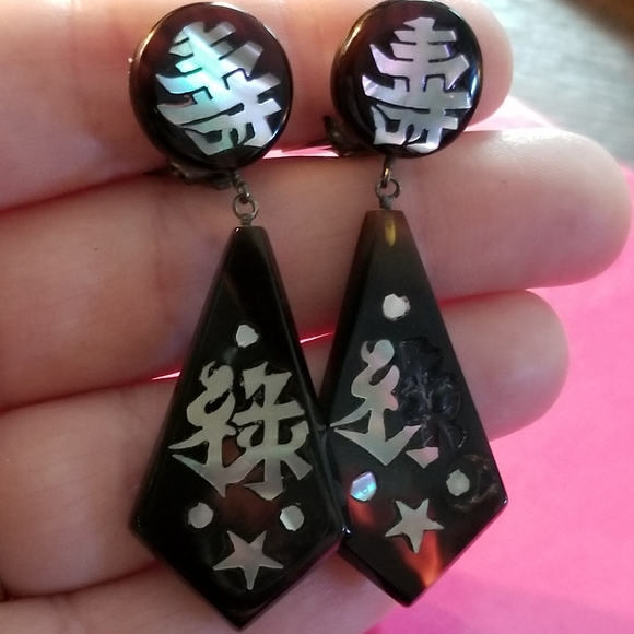 Relisted -vintage Chinese inlay clip earrings tortoiseshell - Picture 2 of 12